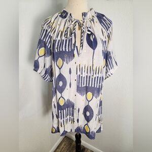 Alex & Parker White, Blue, Yellow Ruffled Tie-Neck Blouse, Gold Sparkles, Sz 2X